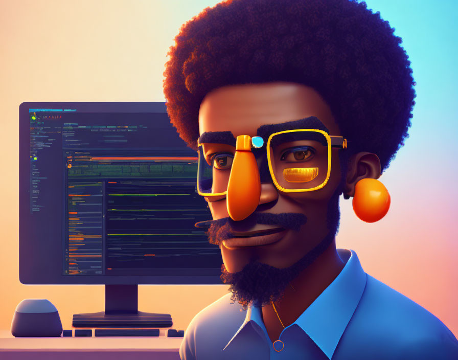 Stylized 3D illustration of man with afro, spectacles, and headphones at computer