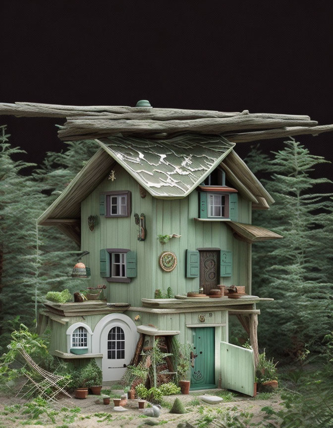 Whimsical two-story green house with cracked roof and plants surrounded by forest trees