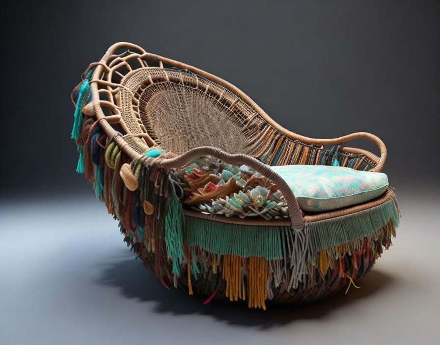 Colorful Fringed Wicker Chaise Lounge with Vibrant Cushion