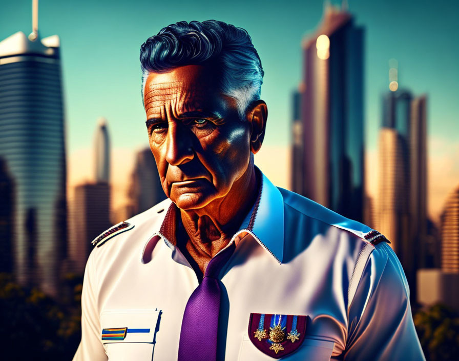 Digital Artwork: Stern Military Officer with Medals Against City Skyline at Sunset