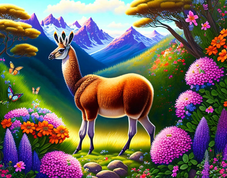 Guanaco dressed in flowers standing on a mountain