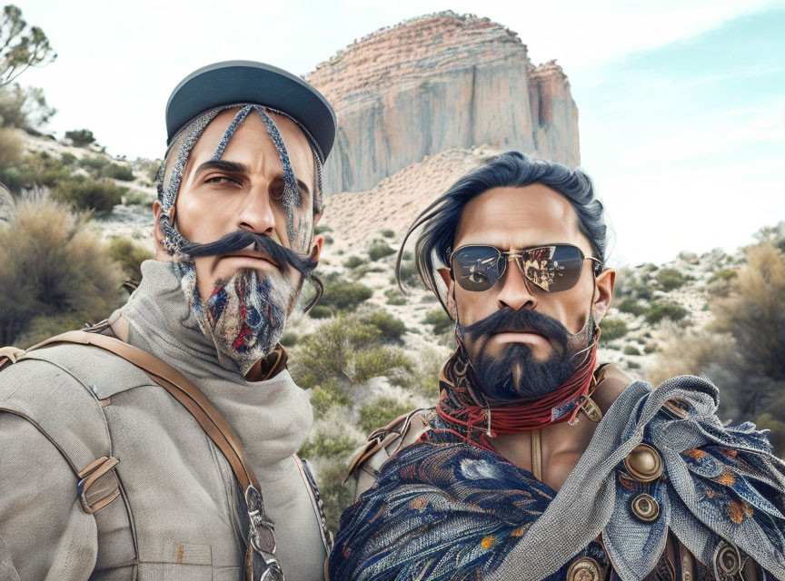 Stylized men with mustaches in desert setting, one in light gear, the other in blue