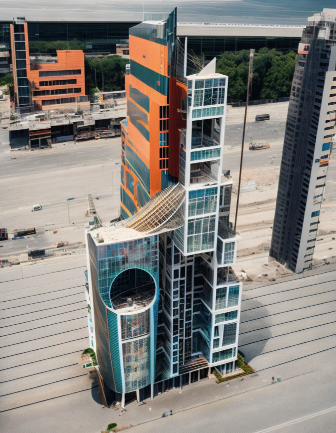 Modern building with geometric shapes and circular hole in aerial view