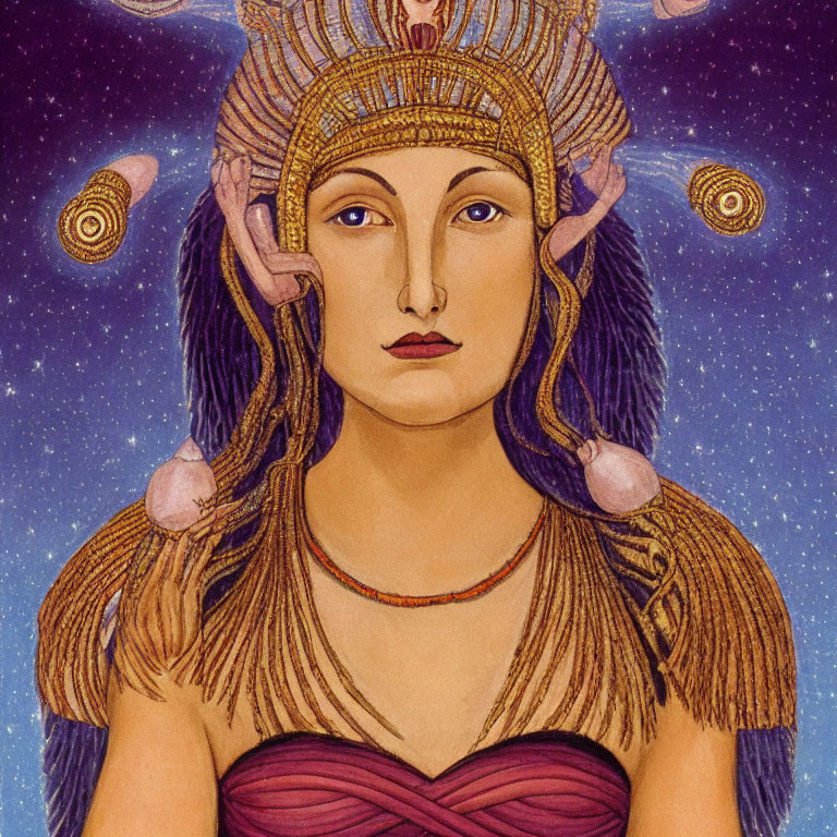 Regal Figure with Golden Headdress and Blue Hair in Mythological Setting