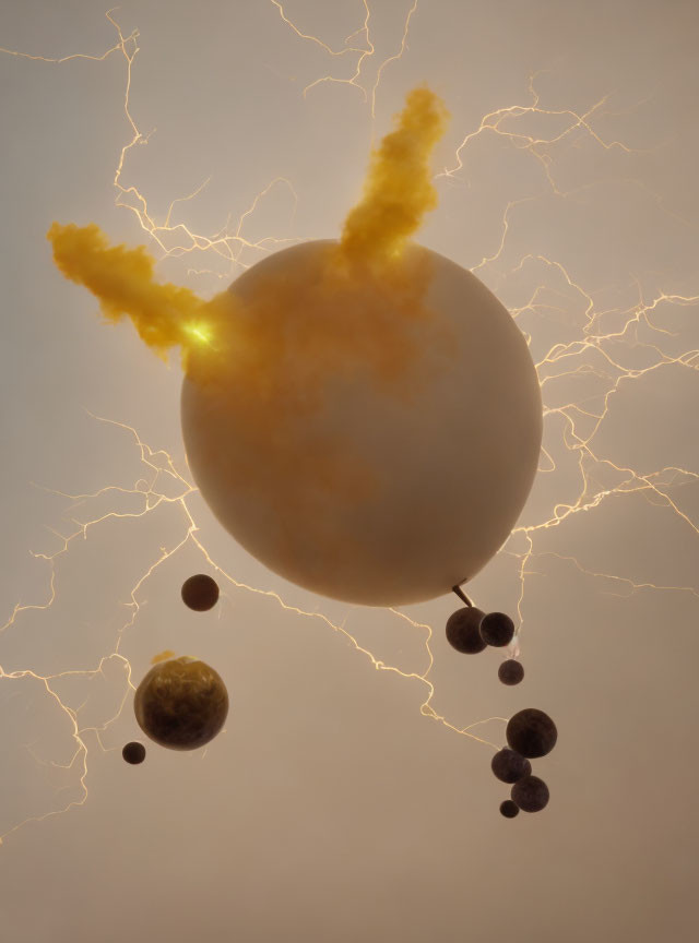 Surreal image of central sphere with lightning and fiery explosion among smaller spheres