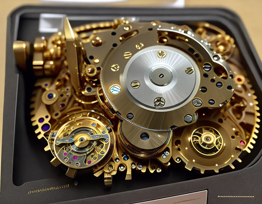 Luxurious Gold Mechanical Watch Movement with Ruby Jewels in Black Box