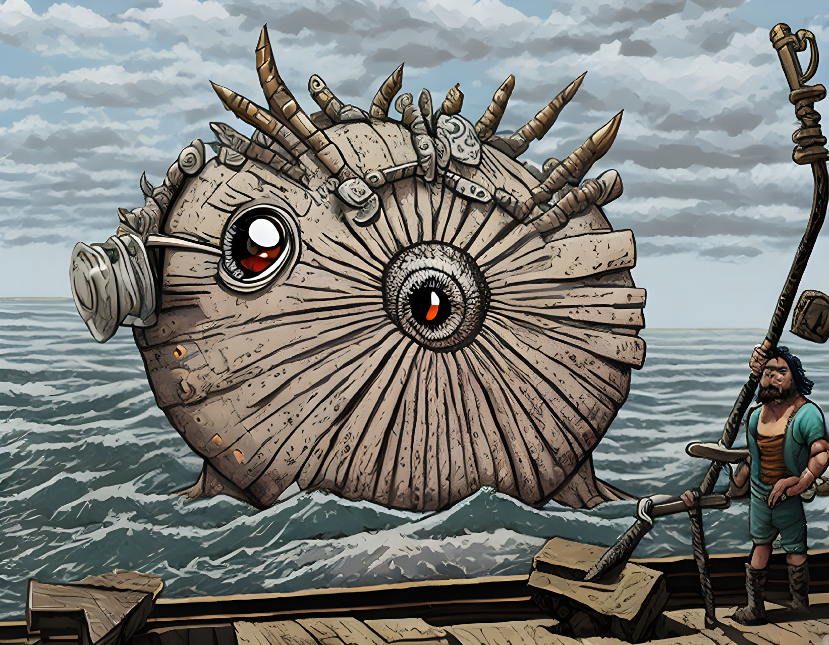 Ugly cyclop with one big eye, raising from the sea