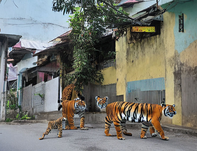 Three Tigers Roaming Quiet Street with Colorful Buildings