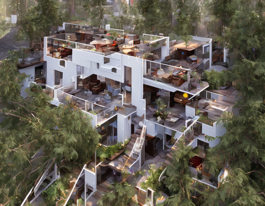 Modern Residential Building Design with Open Terraces Amid Trees