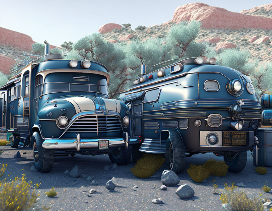 Classic Blue Buses in Desert Landscape with Red Rock Formations