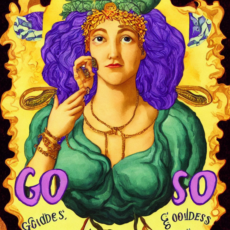 Woman with Purple Hair in Green Dress Holding Seashell and Golden Jewelry