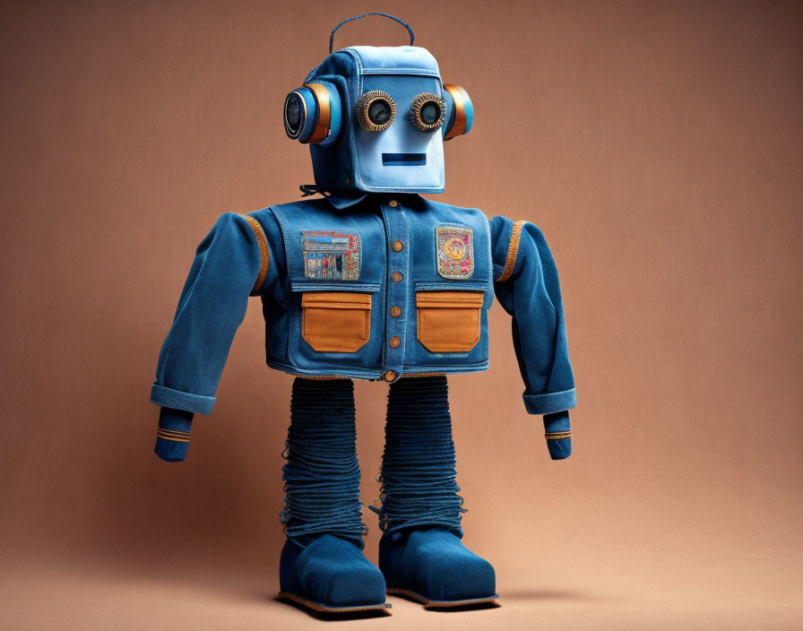 A robot made out of denim and corduroy