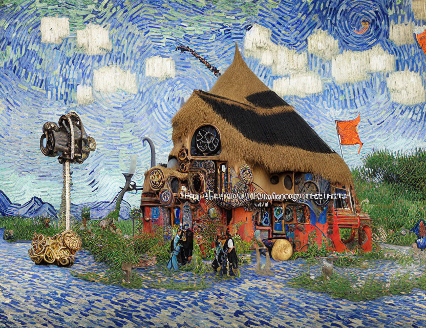 Whimsical digital artwork of a thatched cottage with steampunk elements