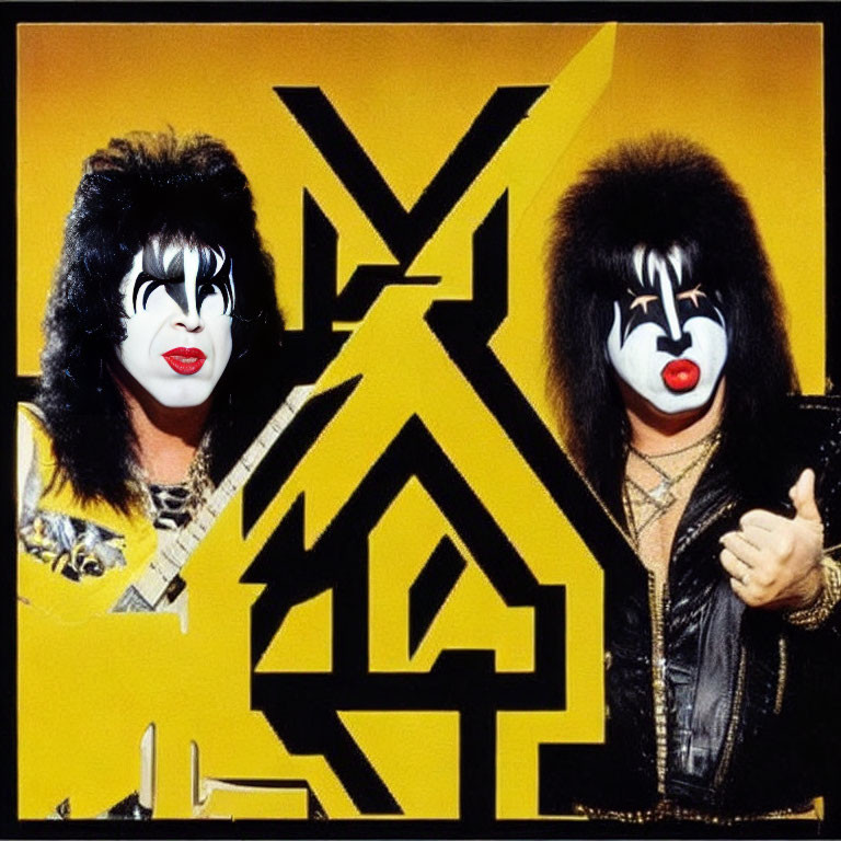 Two people in KISS-style face paint against yellow backdrop with "M" logo
