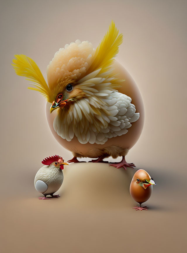 Illustration of large chicken with eggshell body and two tiny chickens