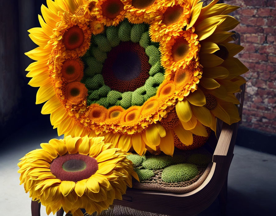 An armchair made out of sunflowers