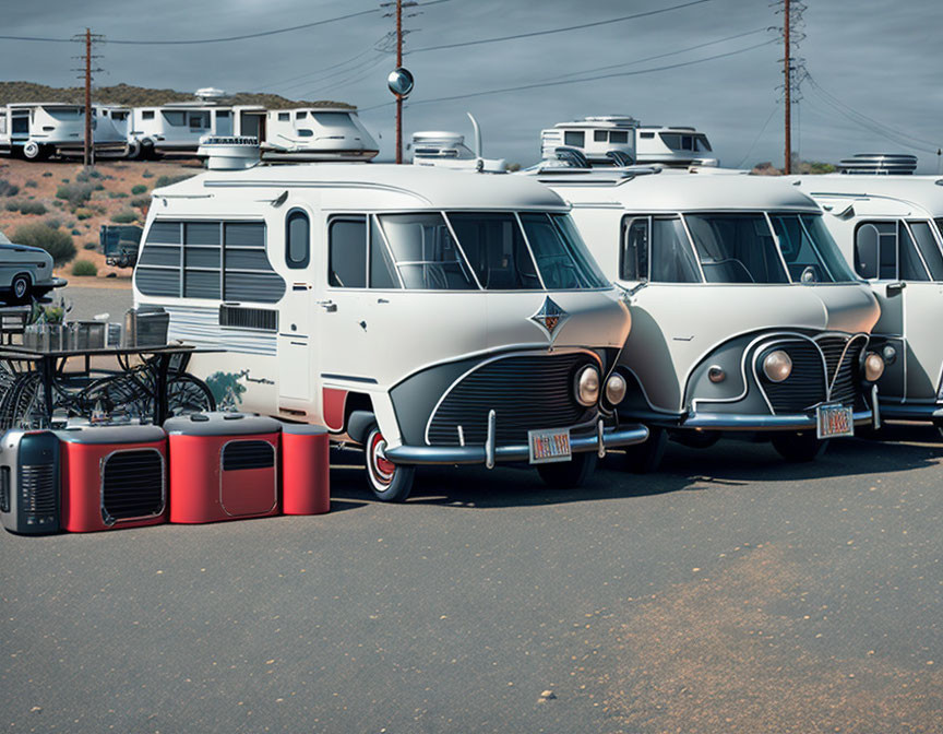 Vintage Two-Tone Retro-Futuristic RVs in Desert Setting