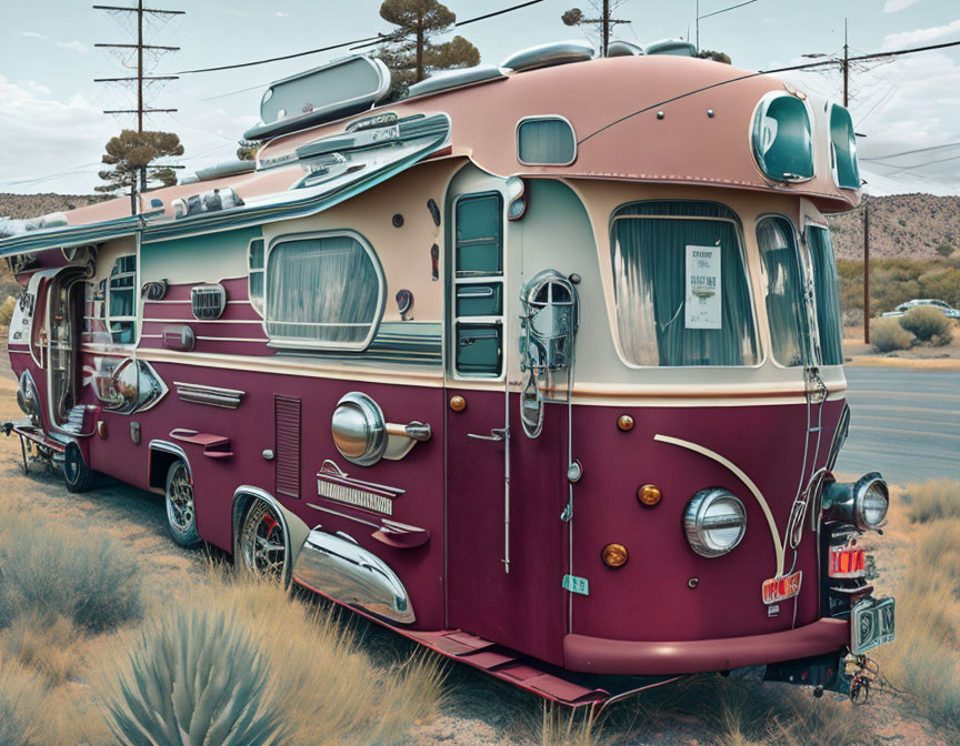 Vintage Red and Cream Motorhome in Desert Setting