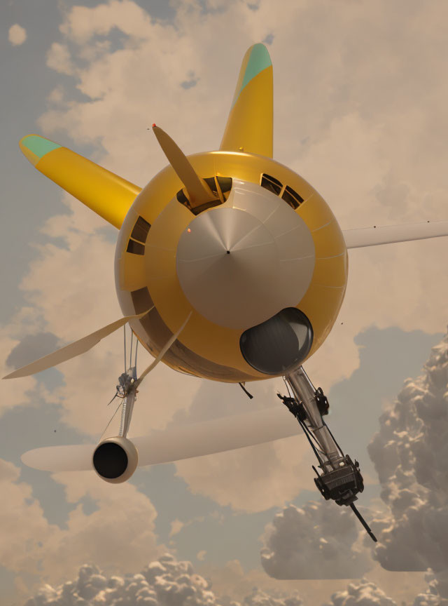 Yellow-tailed airplane with engines against cloudy sky.
