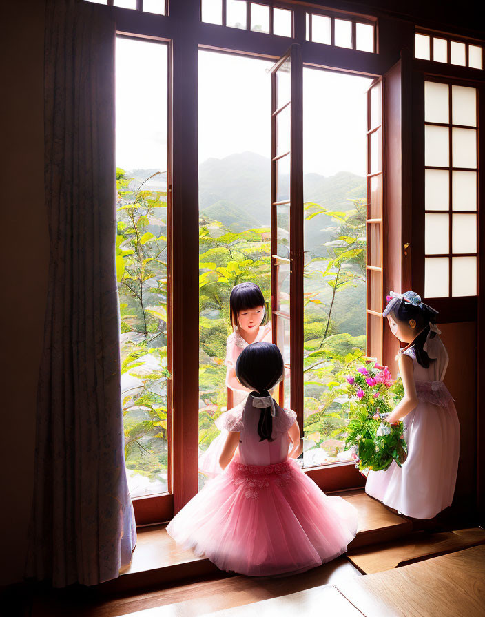 Three girls in dresses by an open window overlooking green hills, one holding a plant
