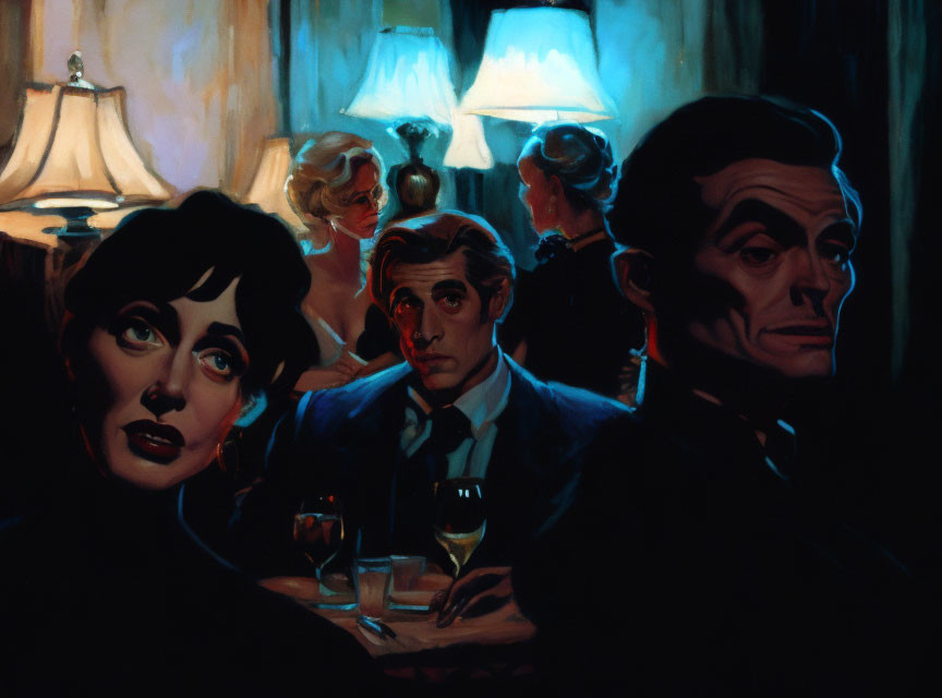 Stylized painting of dimly lit bar scene with sharply dressed individuals