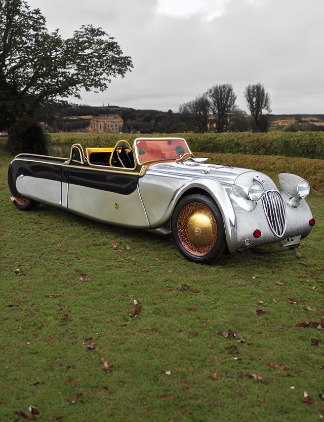 Vintage Silver Car with Golden Headlights Parked on Grass Field