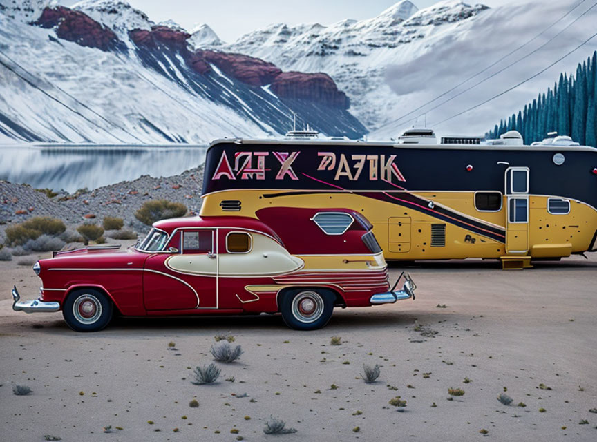 Vintage red car with yellow trailer in desert with snowy mountains