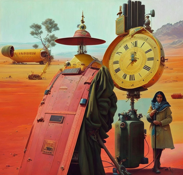 Surreal image of person in cloak by mechanical clock in desert landscape