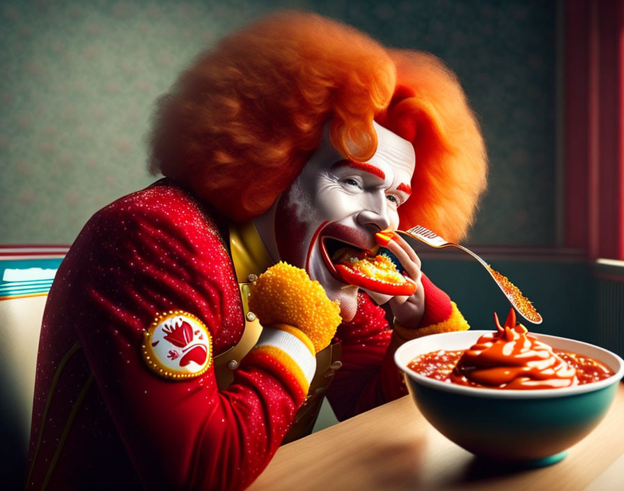 Ronald McDonald eating at a Вку́сно — и то́чка