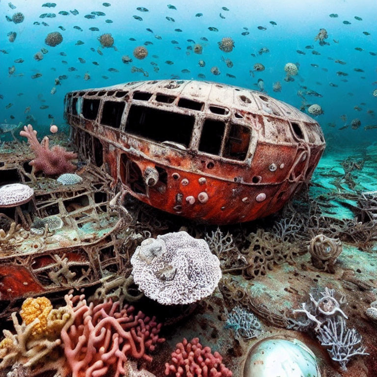 Coral-covered sunken airplane with fish on ocean floor