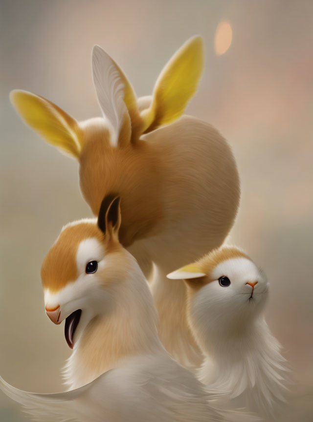 Whimsical rabbit-bird hybrid creatures stacked playfully