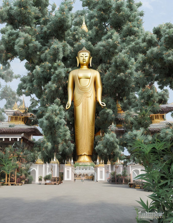 Golden Buddha statue in serene temple courtyard surrounded by greenery