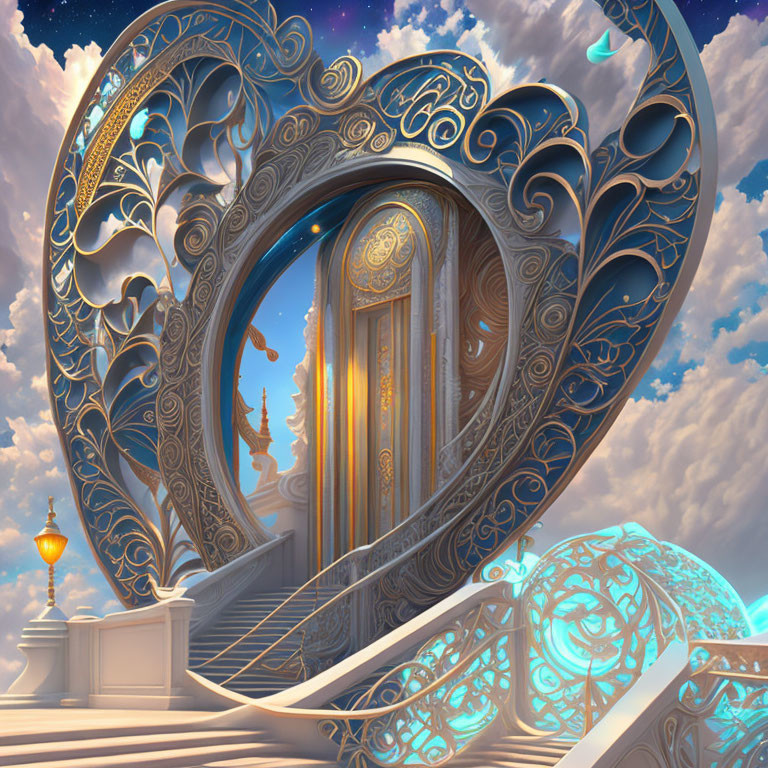 Celestial-inspired gate with swirling patterns leading to heavenly realm in a cloud-filled sky