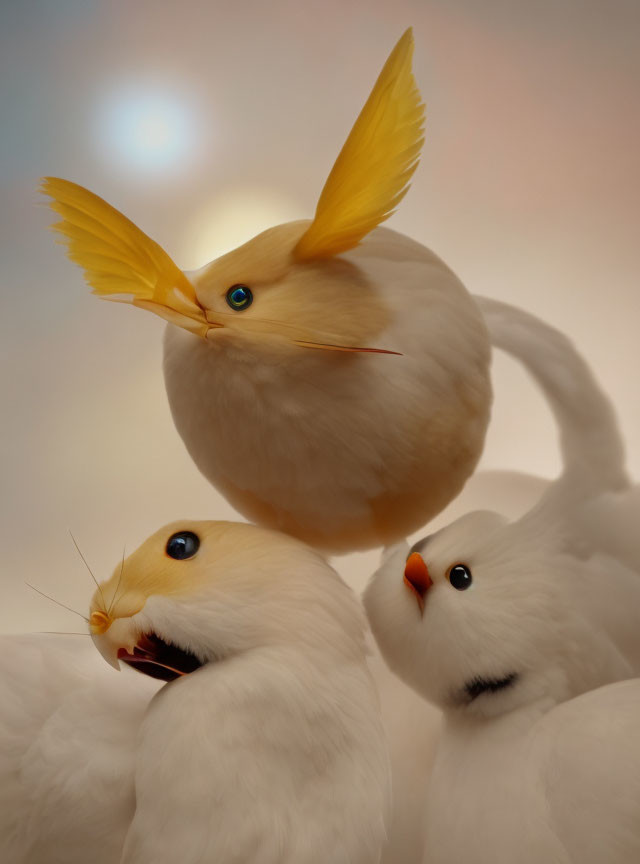 Three whimsical birds with feline facial features perched closely together