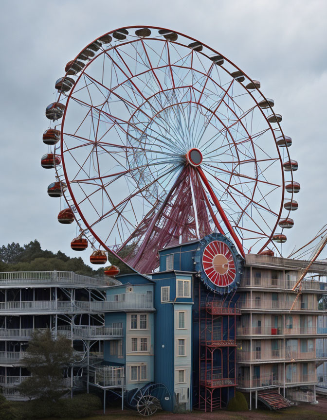 Multi-story building features integrated Ferris wheel under overcast sky