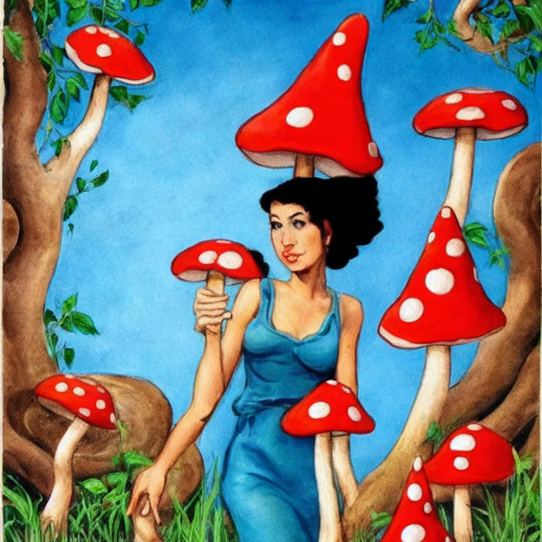 Illustration of Woman in Blue Dress Surrounded by Spotted Mushrooms in Vibrant Forest