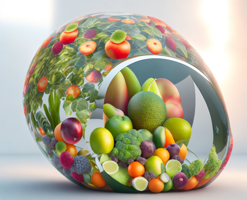 Reflective Cornucopia Overflowing with Vibrant Fruits and Vegetables