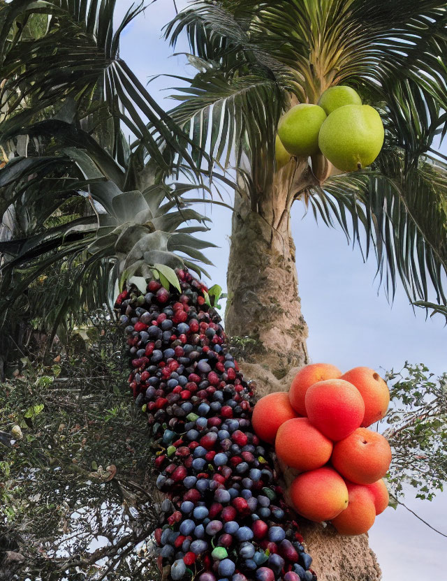 Colorful Fruit Adorned Palm Tree with Coconuts