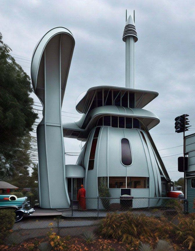 Unique Space-Age Building with Spire Structure