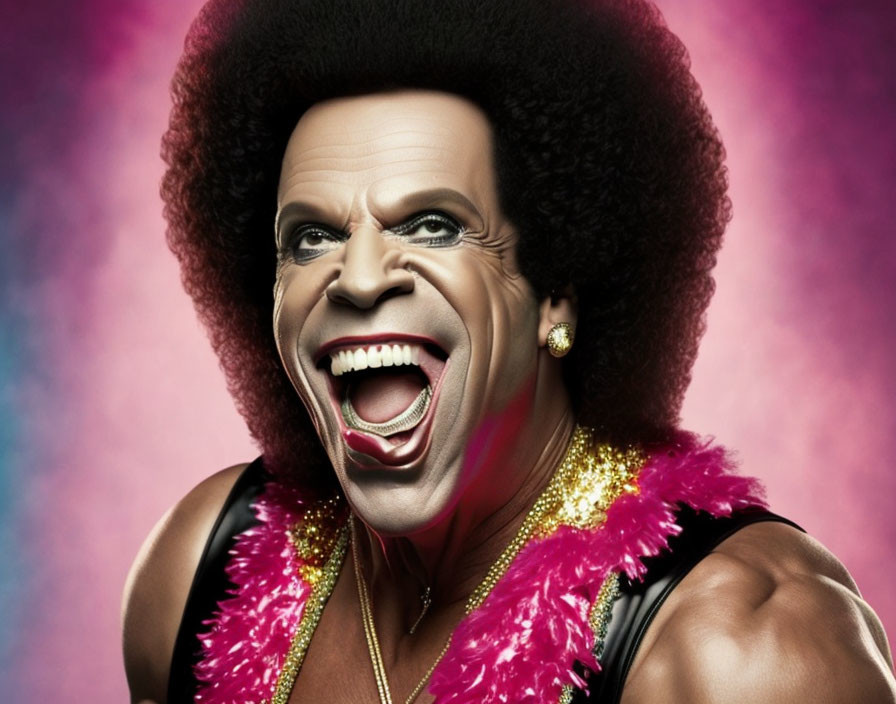 Person with Large Afro in Sparkly Pink Attire on Pink and Purple Background