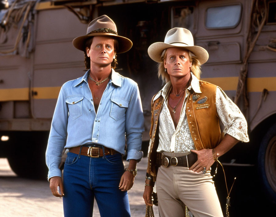 Cowboy-hat men in denim outfits by beige truck.