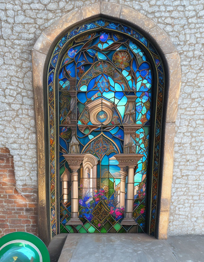 Blue and Gold Stained Glass Window in Stone Arch