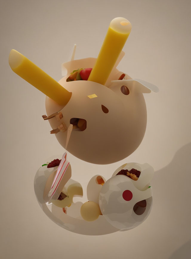 Abstract spherical sculpture with yellow cylindrical shapes and food-like items.