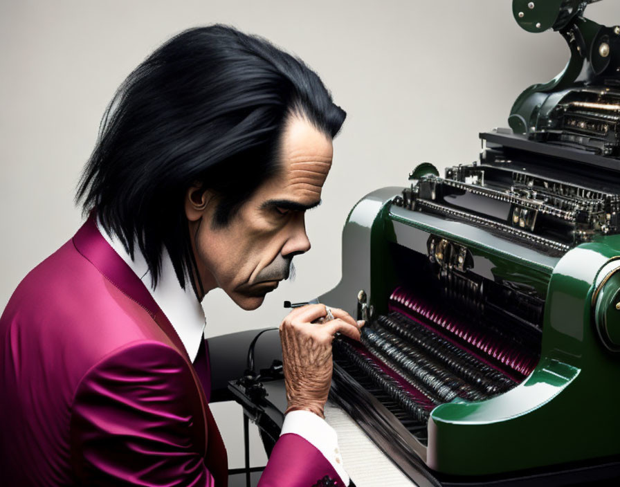 Man in Magenta Suit Contemplating at Green Typewriter