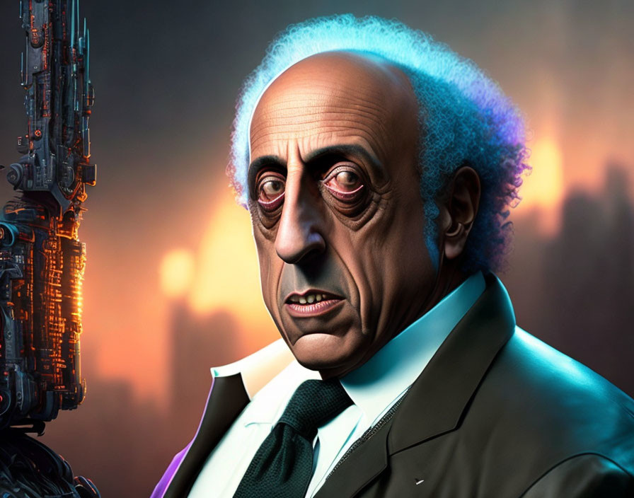 Exaggerated digital portrait of a man in suit with futuristic cityscape
