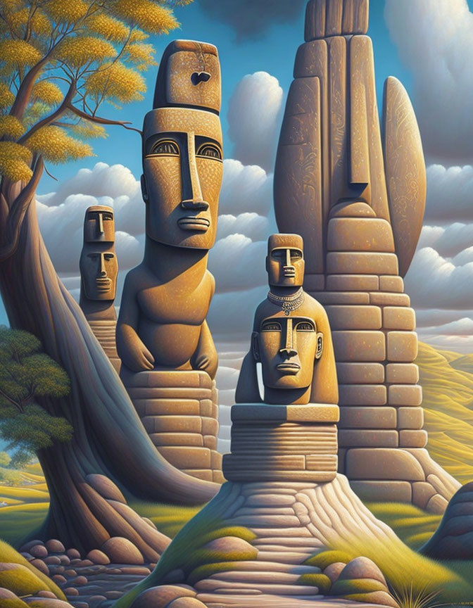 Surreal Artwork: Stylized Moai Statues in Golden Landscape