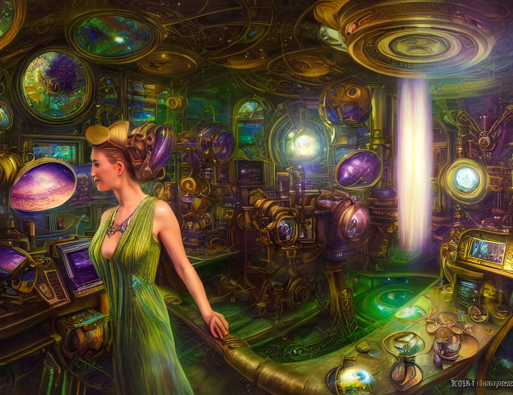 Woman in green dress in steampunk control room with brass gears & machinery