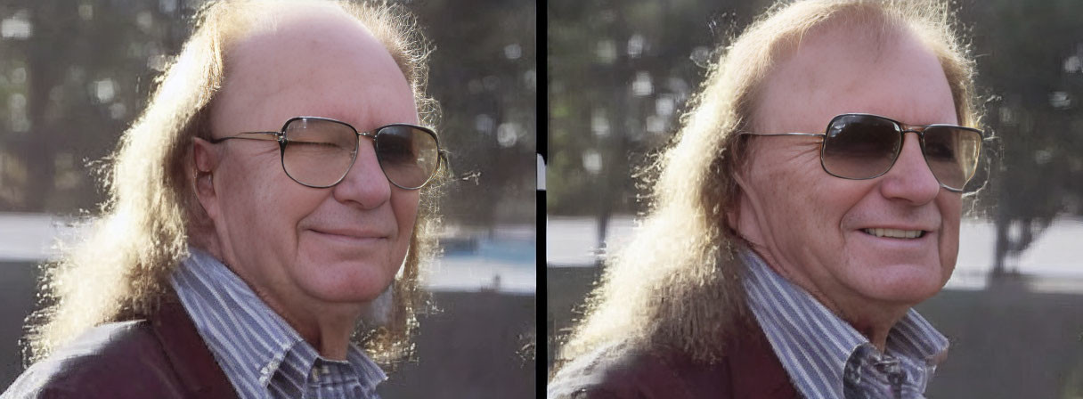 Smiling older man with sunglasses and long hair in plaid jacket portrait side by side