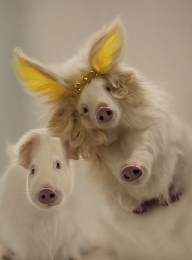 Two pigs with crown and calm pose in soft focus background