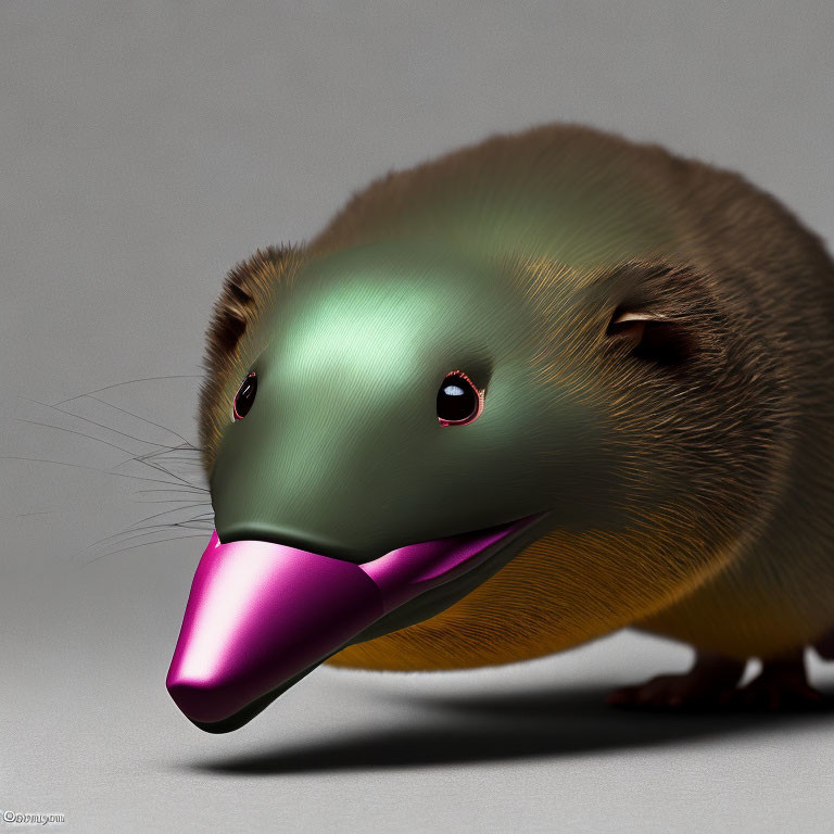 Stylized digital artwork: Glossy metallic animal with pink beak & black eyes